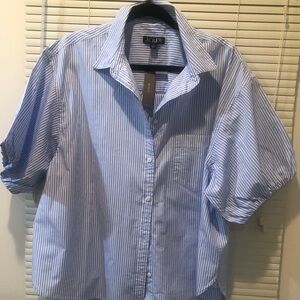 Blue/White Button Up Stripe Top with Puff Sleeves